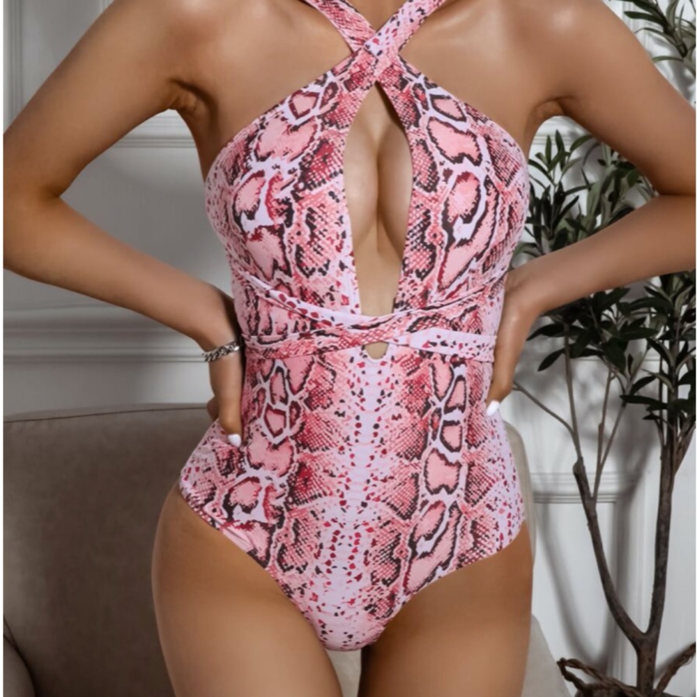 Snakeskin Print Crisscross One Piece Swimsuit